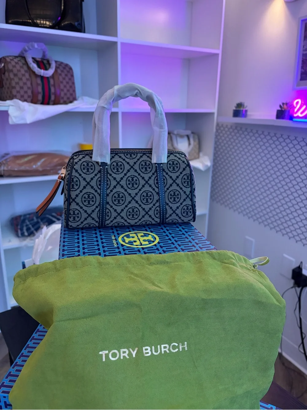 Tory Burch Navy & Cream Logo Jacquard Small Satchel